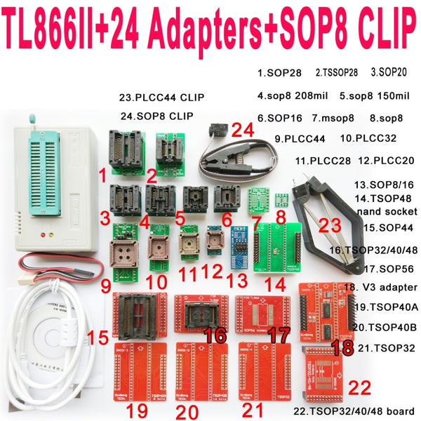 V8.3 XGecu TL866II tl866 ii Plus programmer+24 adapters socket+SOP8 clip 1.8V nand flash 24 93 25 eprom avr mcu Bios  program