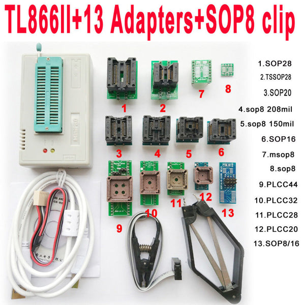 USB TL866II programmer + 13PCS adapters IC Clip 1.8V nand flash 24 93 25 mcu Bios EPROM SOP8 PLCC