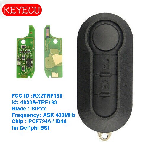 KEYECU Remote Key Fob ASK 433MHz PCF7946 2 Button for Fiat 500 Doblo Punto Florino 2007-2017 - D*elphi BSI